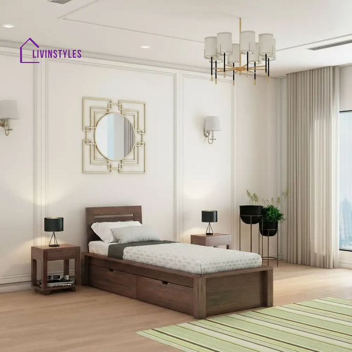 Aurora Solid Sheesham Wood Single Bed With Two Drawers (Walnut Finish) Bed