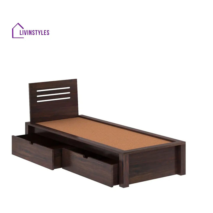 Aurora Solid Sheesham Wood Single Bed With Two Drawers (Walnut Finish) Bed