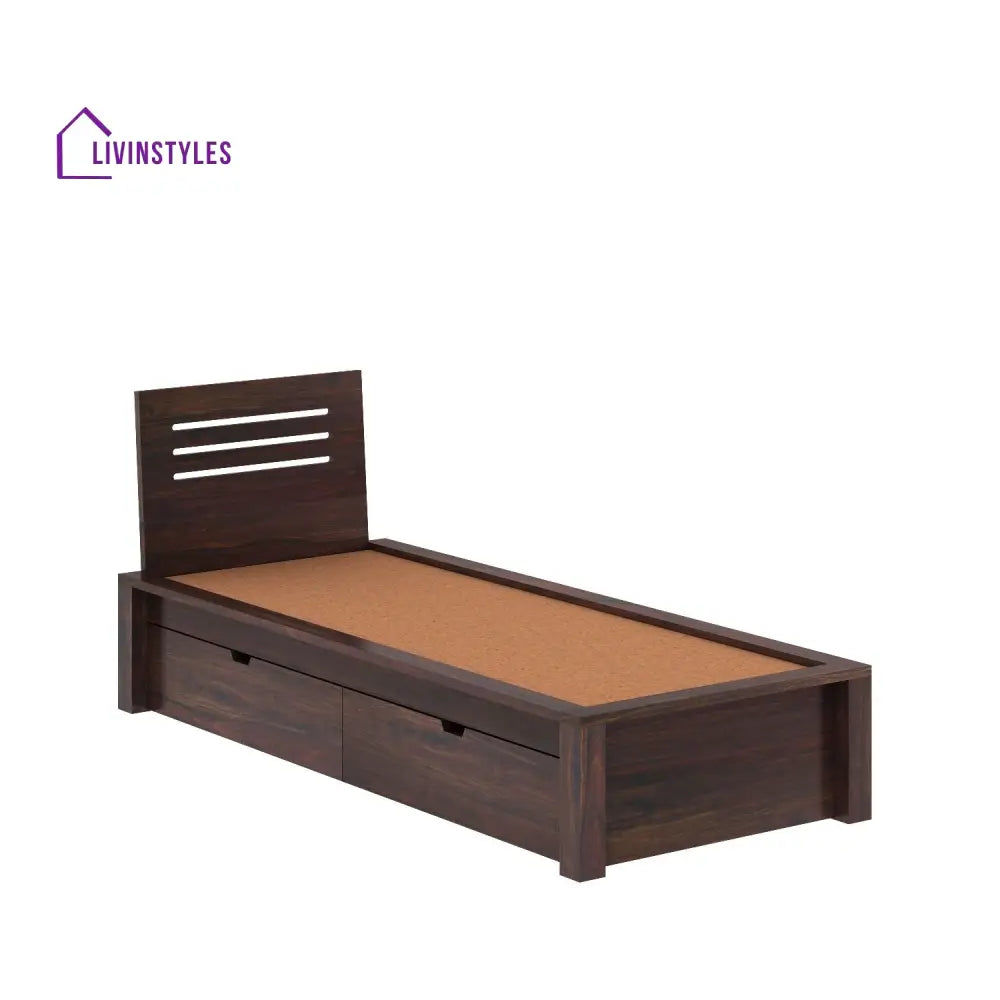 Aurora Solid Sheesham Wood Single Bed With Two Drawers (Walnut Finish) Bed
