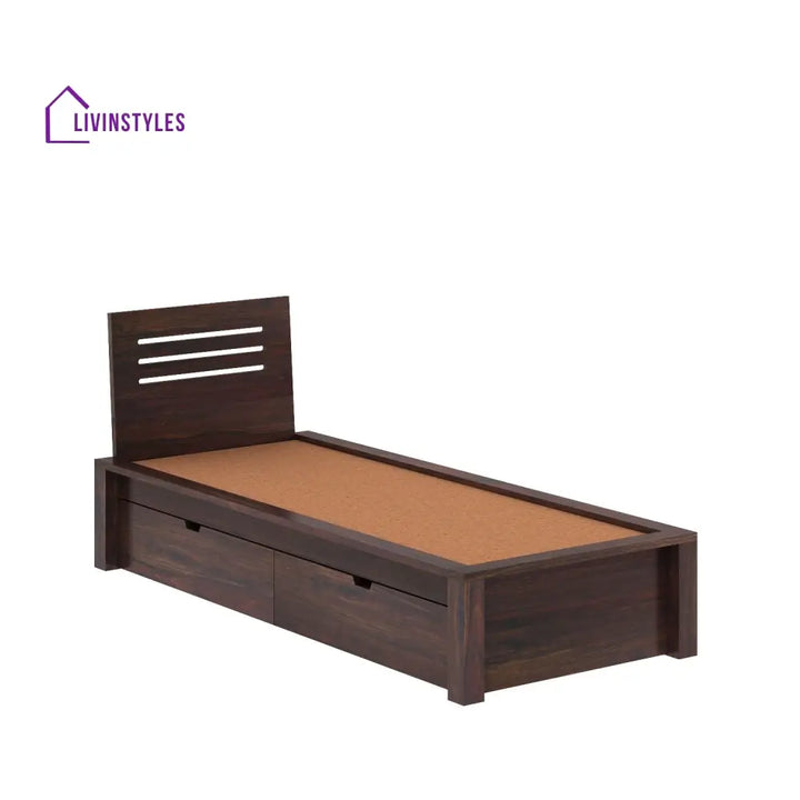 Aurora Solid Sheesham Wood Single Bed With Two Drawers (Walnut Finish) Bed