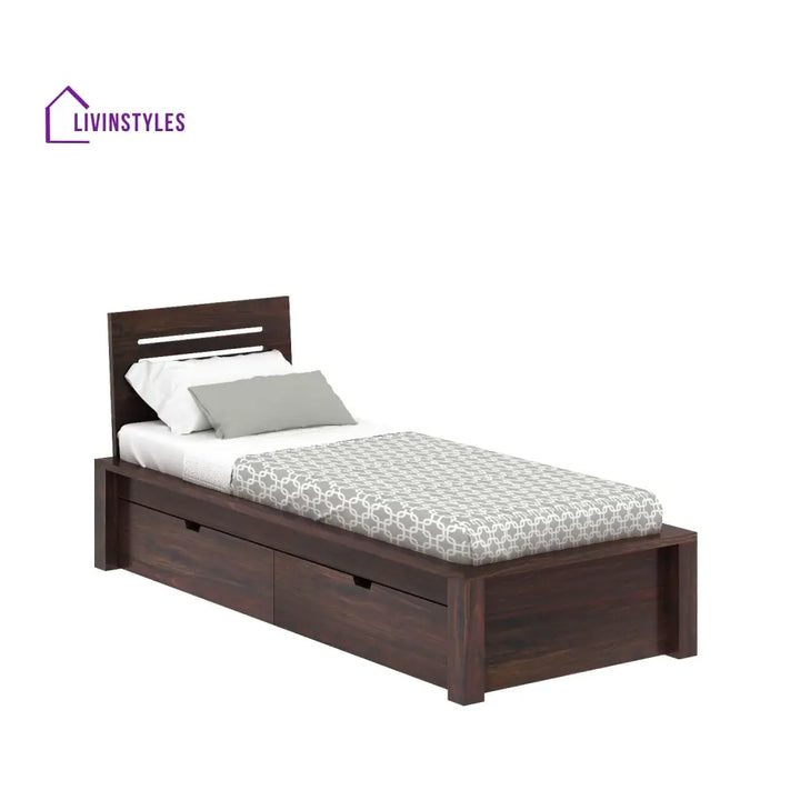 Aurora Solid Sheesham Wood Single Bed With Two Drawers (Walnut Finish) Bed