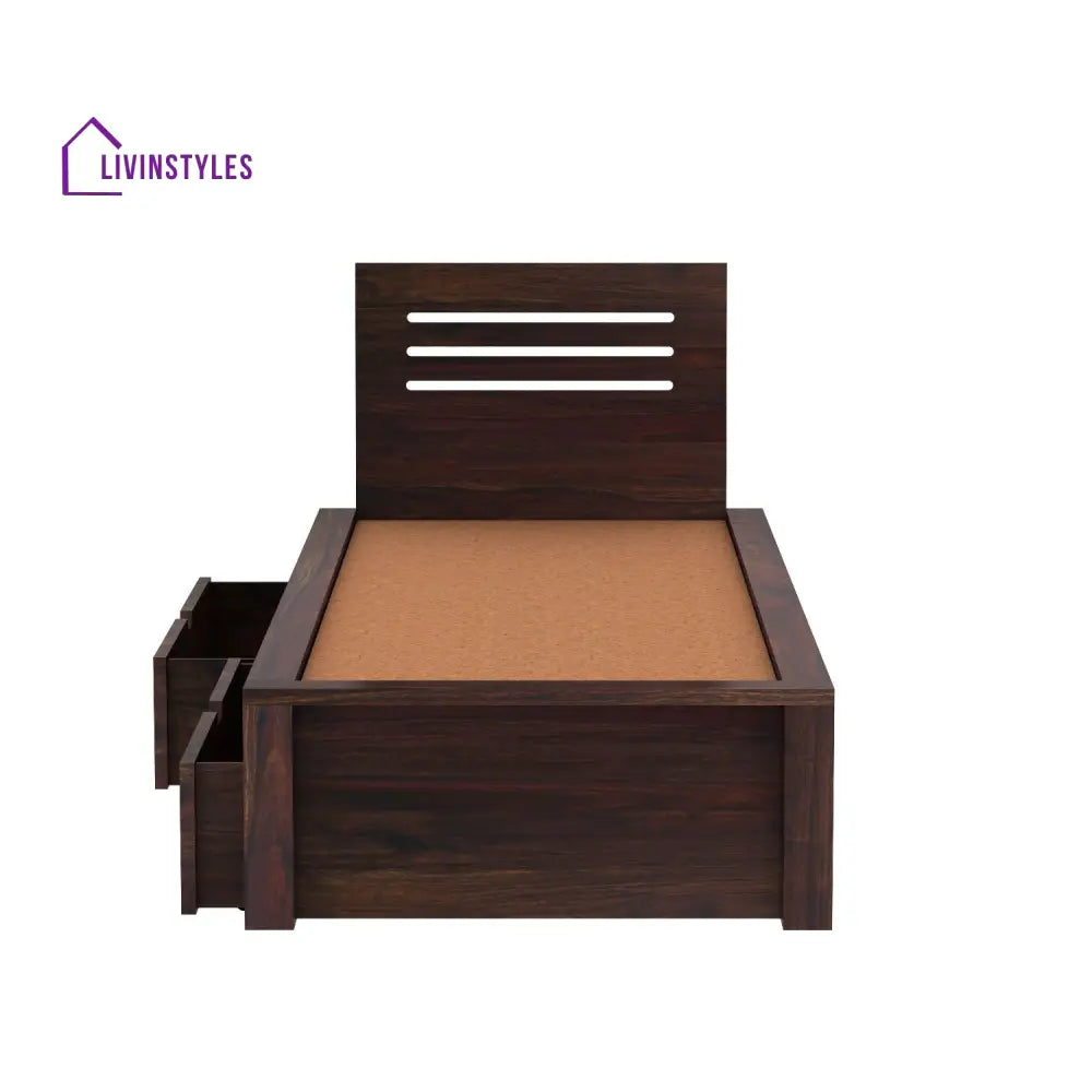 Aurora Solid Sheesham Wood Single Bed With Two Drawers (Walnut Finish) Bed