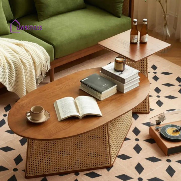 Aurora Solid Wood Coffee Table for Living Room | Cane Weaving Work - Single Big Table Only