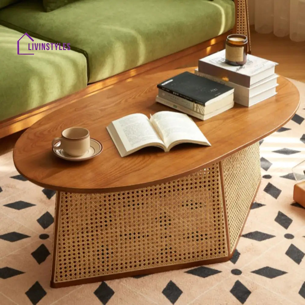 Aurora Solid Wood Coffee Table for Living Room | Cane Weaving Work - Single Big Table Only