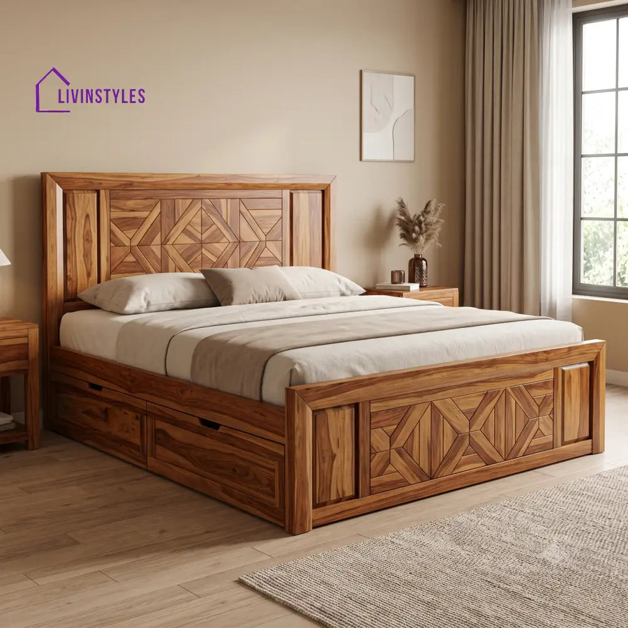 Aurore Premium Wooden Bed with Drawer Storage | King Size Bed & Queen Size Bed Online