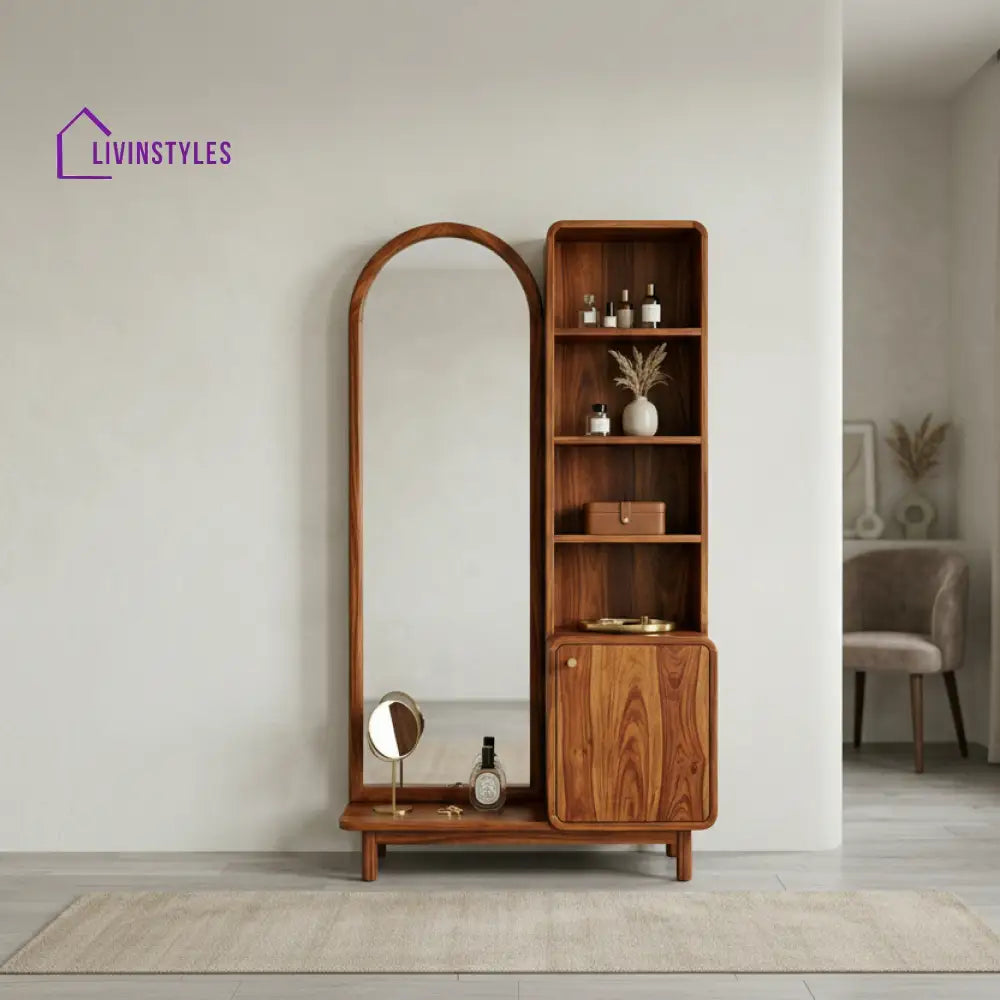 Ava Sheesham Wood Dressing Table with Mirror and Storage (Honey Finish)