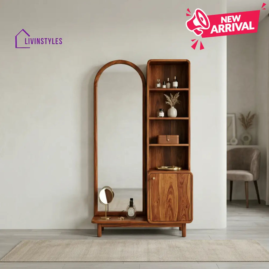 Ava Sheesham Wood Dressing Table with Mirror and Storage (Honey Finish)