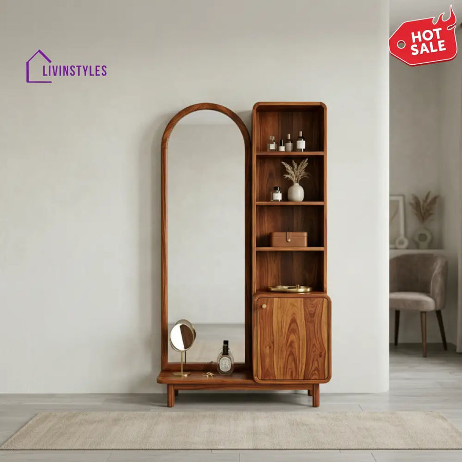 Ava Sheesham Wood Dressing Table with Mirror and Storage (Honey Finish)