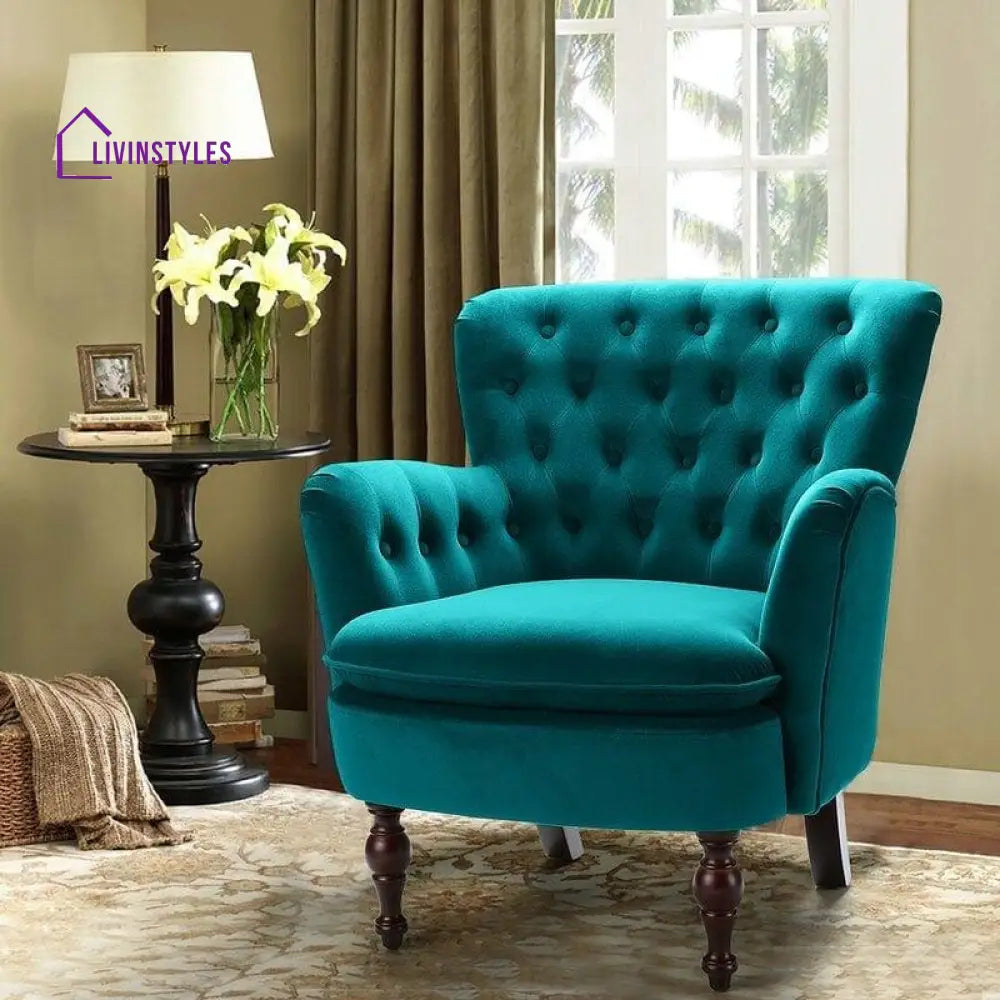 Avani Wide Tufted Velvet Arm Chair For Living Room Sky Blue