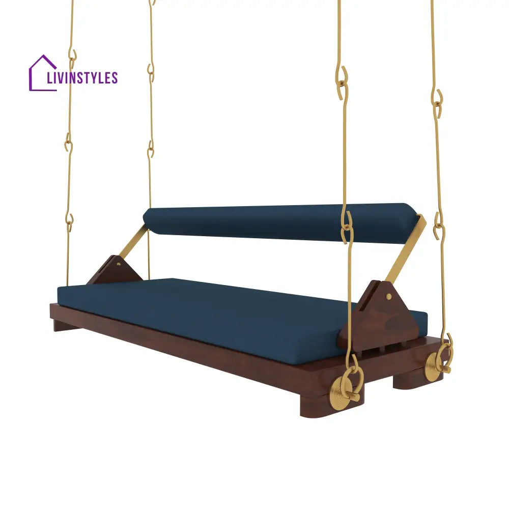 Avika Minimalist Wooden Swing with Blue Cushions – Perfect Under Stair Jhula for Modern Interiors Swing