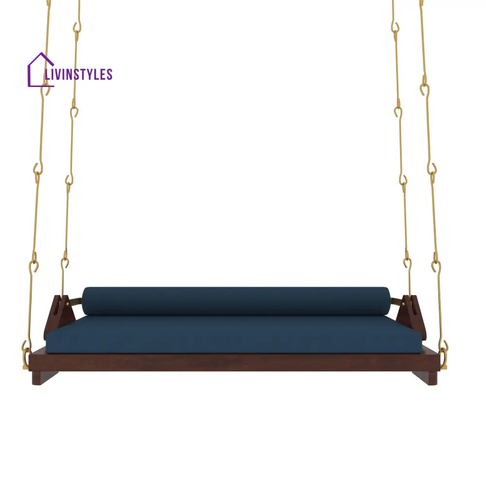 Avika Minimalist Wooden Swing with Blue Cushions – Perfect Under Stair Jhula for Modern Interiors Swing