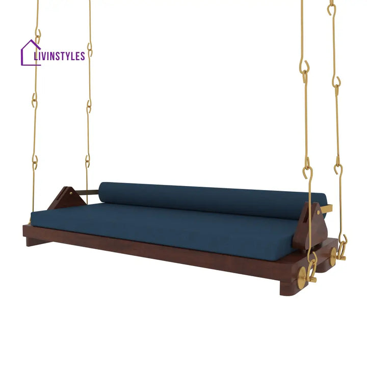 Avika Minimalist Wooden Swing with Blue Cushions – Perfect Under Stair Jhula for Modern Interiors Swing