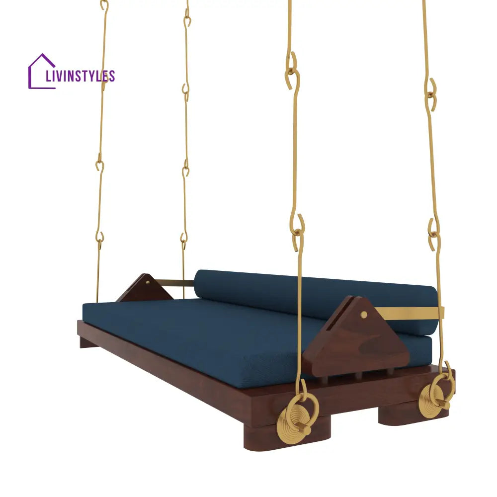 Avika Minimalist Wooden Swing with Blue Cushions – Perfect Under Stair Jhula for Modern Interiors Swing