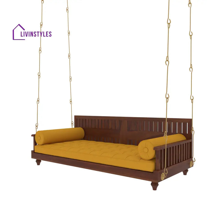Avni Elegant Wooden Swing with Slatted Backrest and Plush Yellow Cushion – Indoor Jhula for Modern Homes Swing