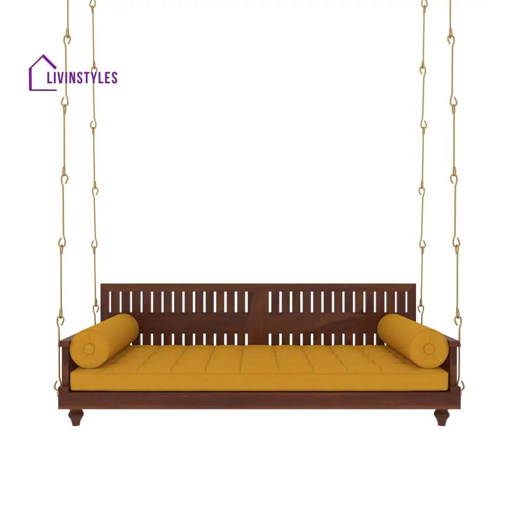 Avni Elegant Wooden Swing with Slatted Backrest and Plush Yellow Cushion – Indoor Jhula for Modern Homes Swing
