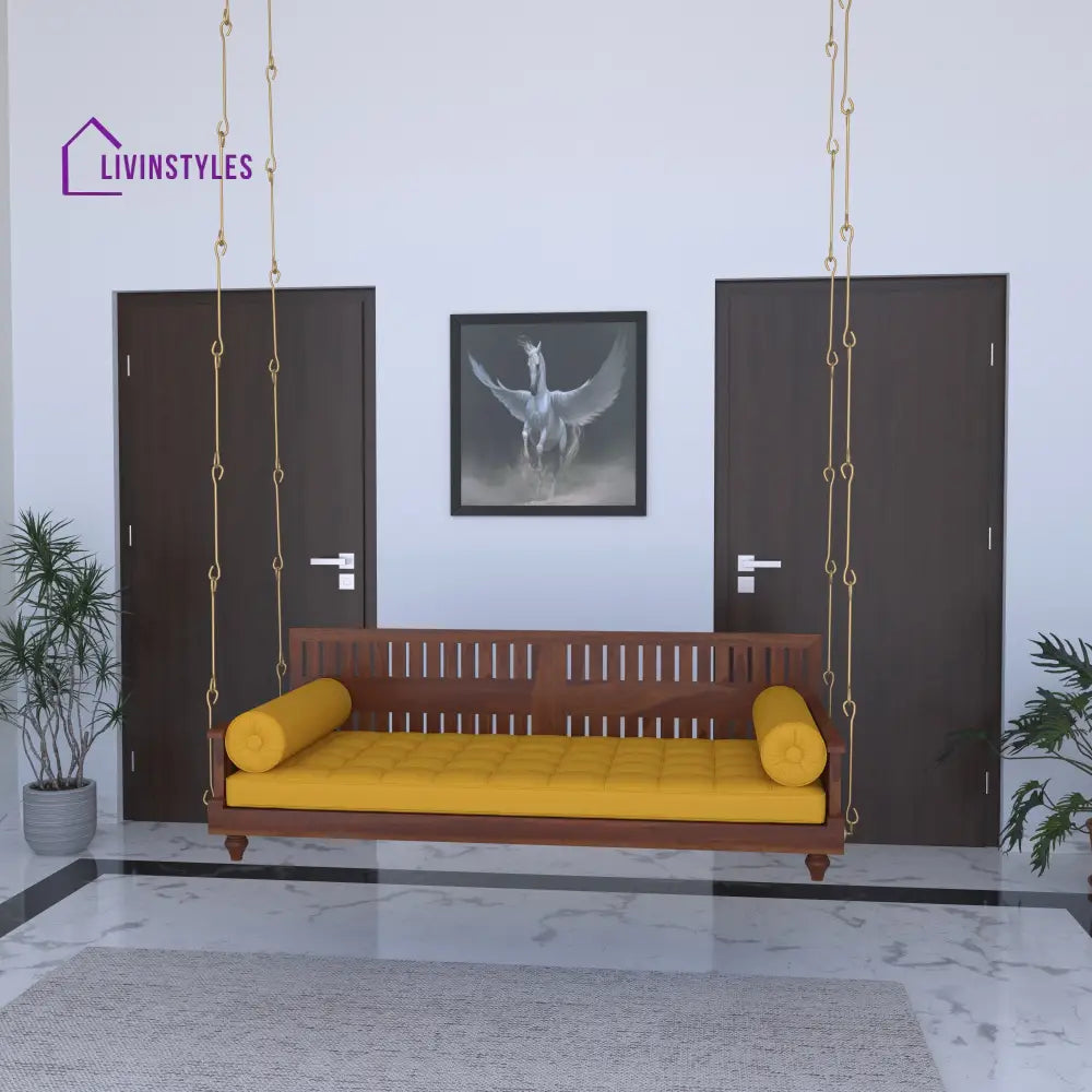Avni Elegant Wooden Swing with Slatted Backrest and Plush Yellow Cushion – Indoor Jhula for Modern Homes Swing