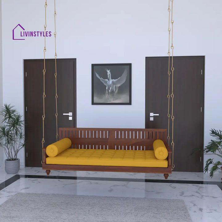 Avni Elegant Wooden Swing with Slatted Backrest and Plush Yellow Cushion – Indoor Jhula for Modern Homes Swing