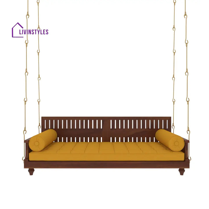 Avni Elegant Wooden Swing with Slatted Backrest and Plush Yellow Cushion – Indoor Jhula for Modern Homes Swing