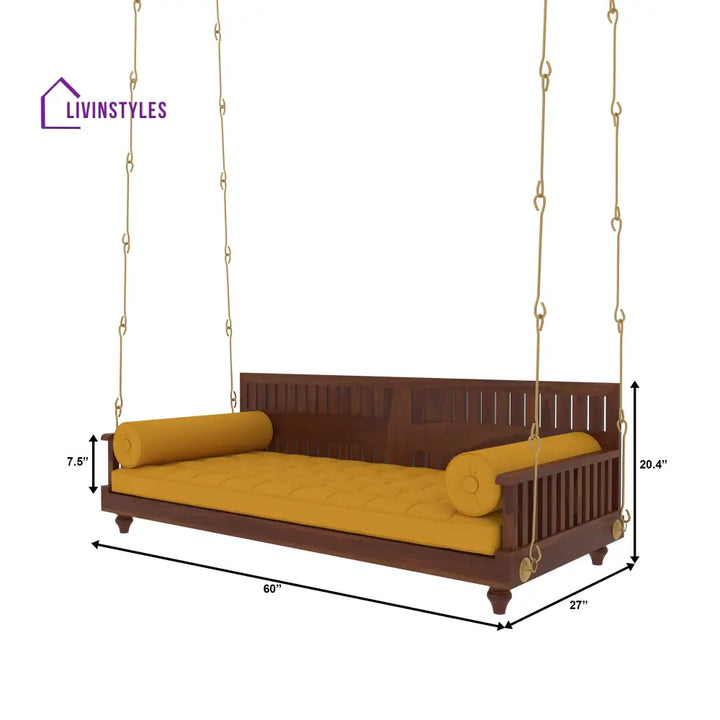 Avni Elegant Wooden Swing with Slatted Backrest and Plush Yellow Cushion – Indoor Jhula for Modern Homes Swing