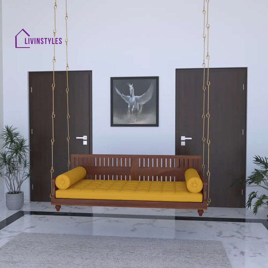 Avni Elegant Wooden Swing with Slatted Backrest and Plush Yellow Cushion – Indoor Jhula for Modern Homes Swing