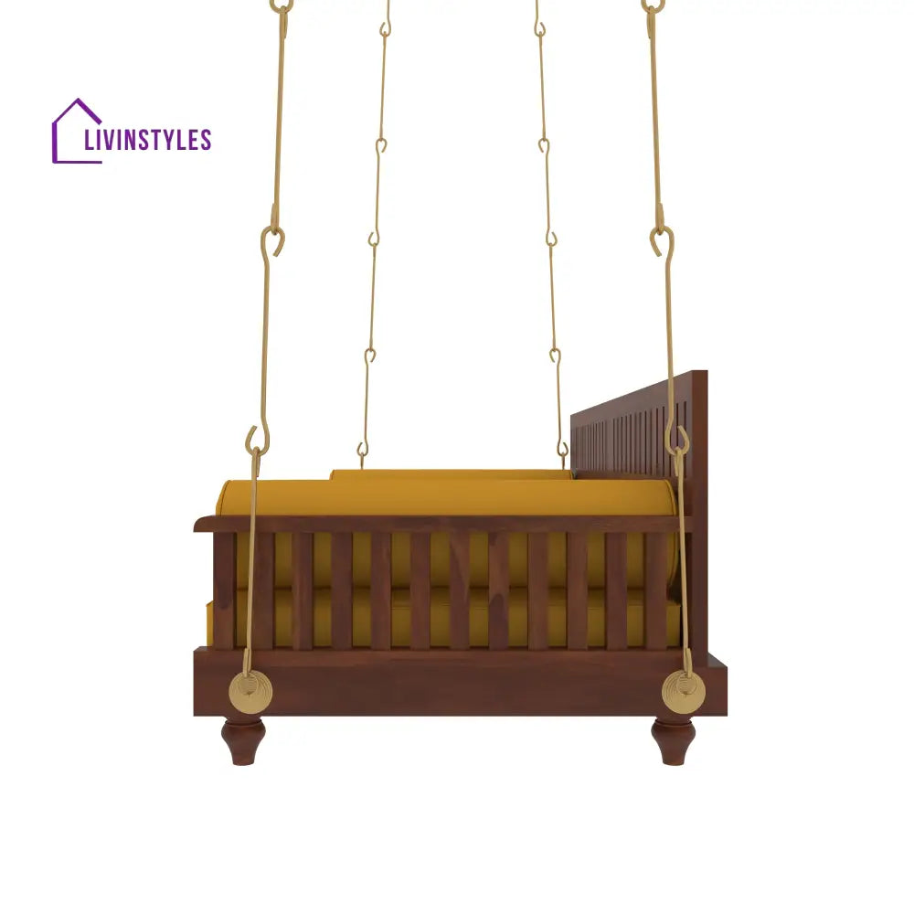Avni Elegant Wooden Swing with Slatted Backrest and Plush Yellow Cushion – Indoor Jhula for Modern Homes Swing