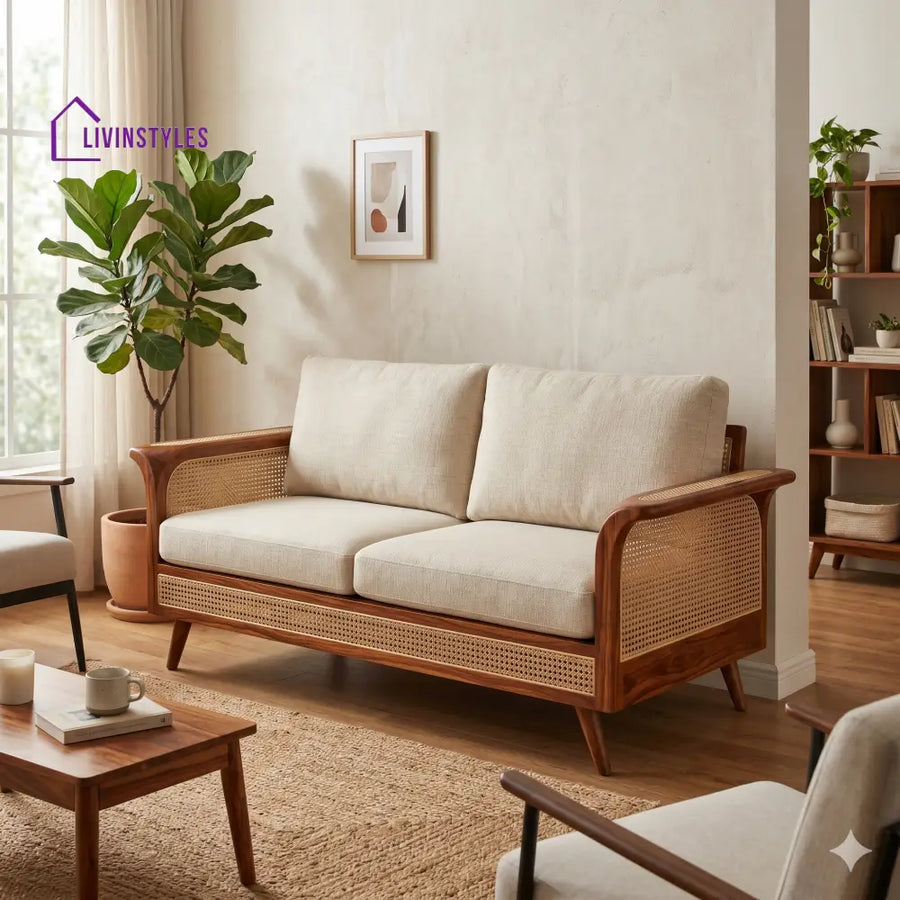 Avni Sheesham Wood and Cane Sofa for Living Room
