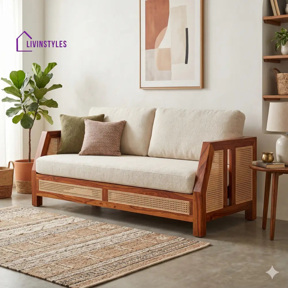 Ayaan Sheesham Wood and Cane Sofa for Living Room