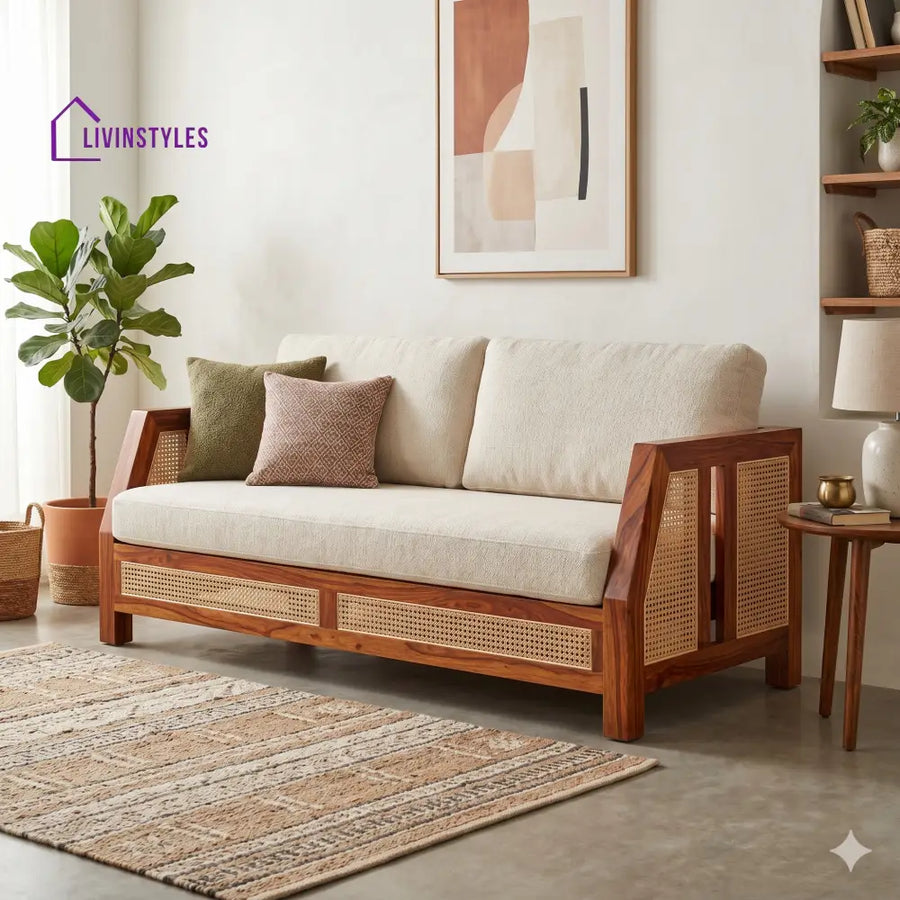 Ayaan Sheesham Wood and Cane Sofa for Living Room