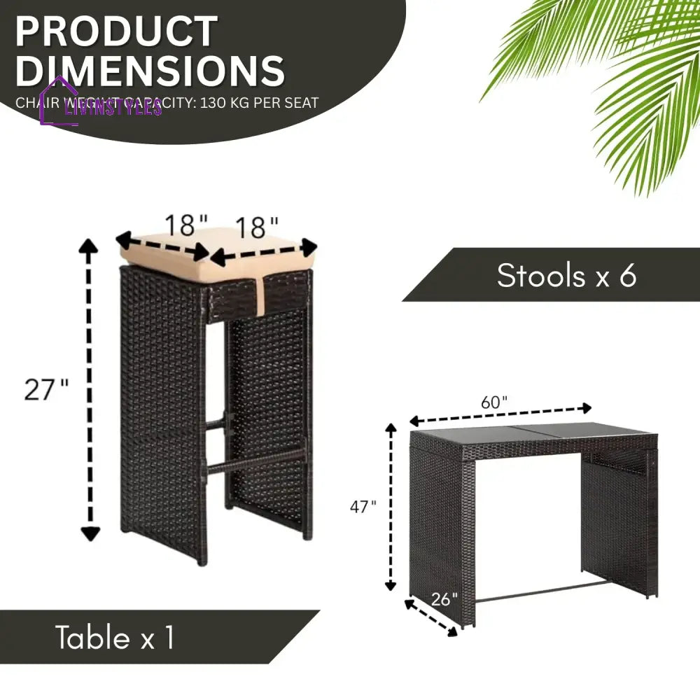 Ayana 7-Piece Outdoor Rattan Wicker Bar Set with Glass Top Table - Bar Set