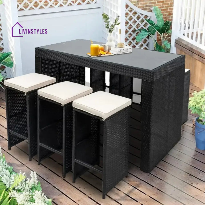 Ayana 7-Piece Outdoor Rattan Wicker Bar Set with Glass Top Table - Bar Set