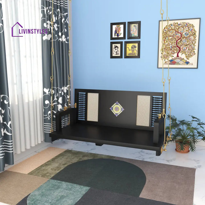Ayana Contemporary Black Wooden Swing with Artistic Tile Inlay and Woven Panels – Indoor Jhula for Modern Homes Swing