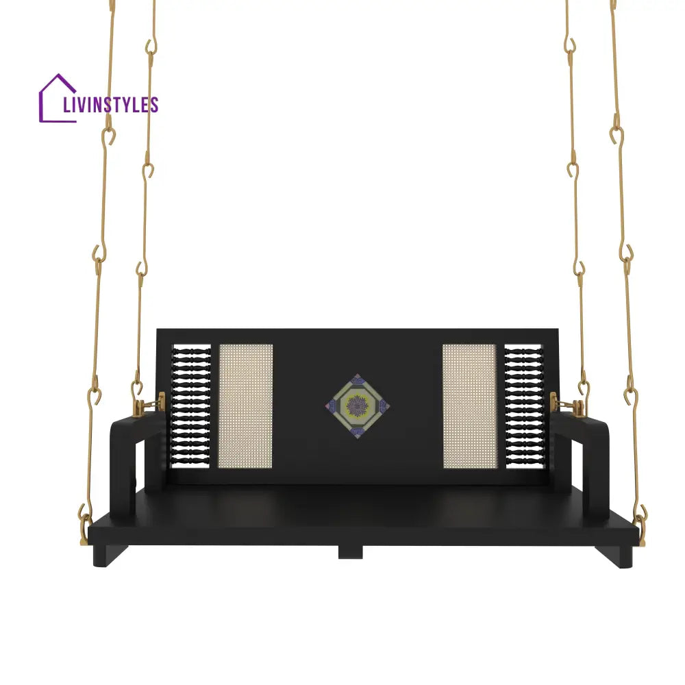 Ayana Contemporary Black Wooden Swing with Artistic Tile Inlay and Woven Panels – Indoor Jhula for Modern Homes Swing