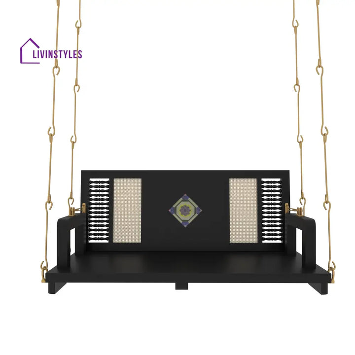 Ayana Contemporary Black Wooden Swing with Artistic Tile Inlay and Woven Panels – Indoor Jhula for Modern Homes Swing