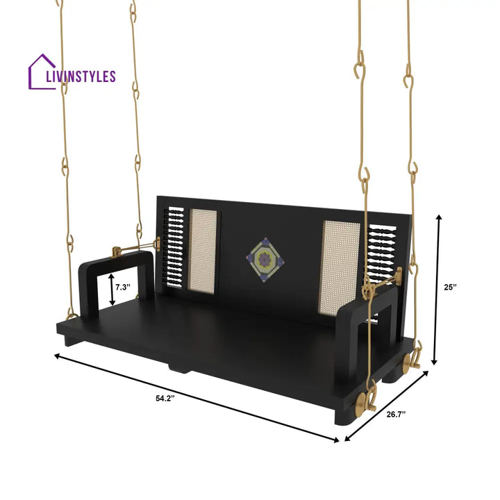Ayana Contemporary Black Wooden Swing with Artistic Tile Inlay and Woven Panels – Indoor Jhula for Modern Homes Swing