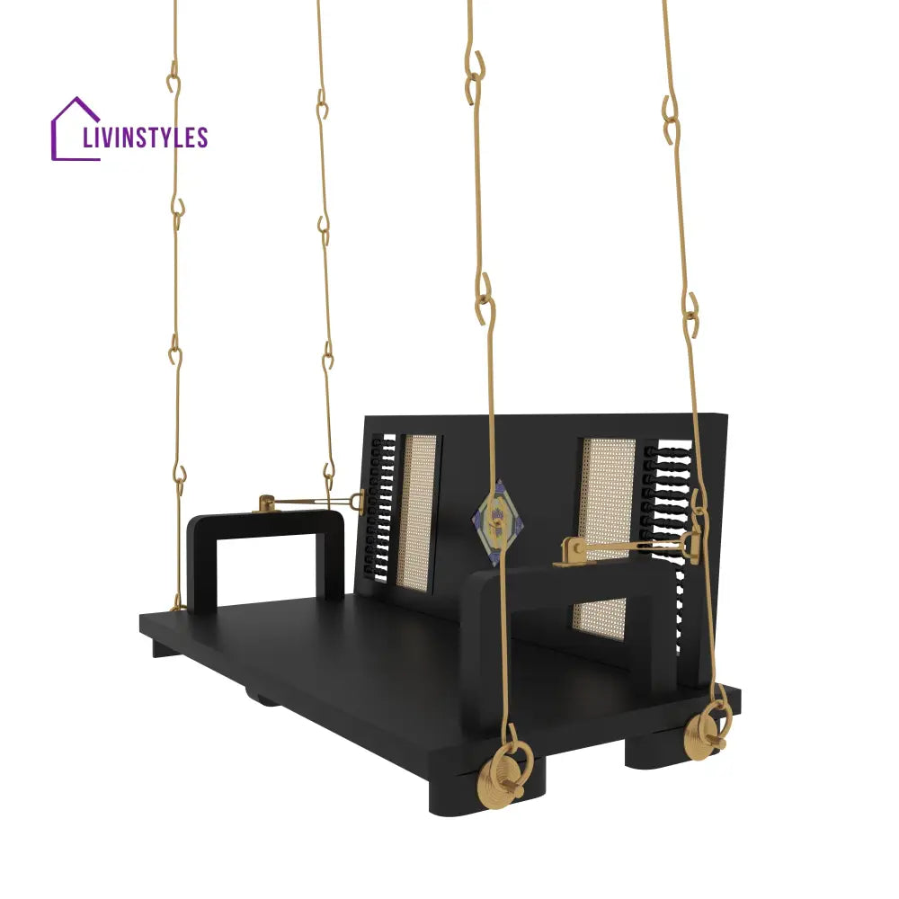 Ayana Contemporary Black Wooden Swing with Artistic Tile Inlay and Woven Panels – Indoor Jhula for Modern Homes Swing