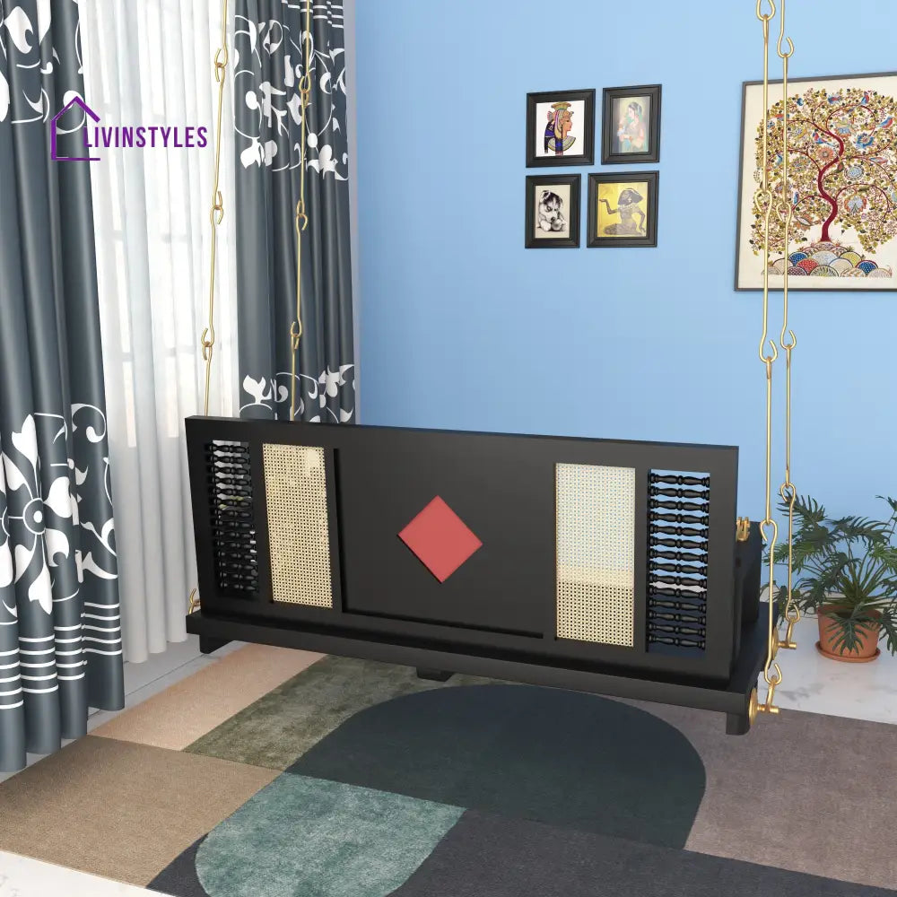 Ayana Contemporary Black Wooden Swing with Artistic Tile Inlay and Woven Panels – Indoor Jhula for Modern Homes Swing
