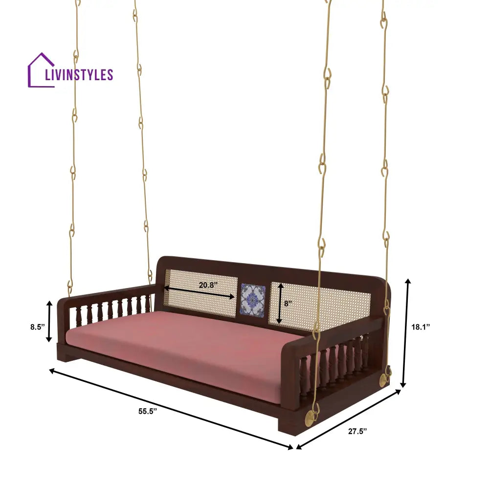 Ayla Classic Wooden Swing with Cane Backrest and Cushioned Seating – Indoor Jhula for Home Swing