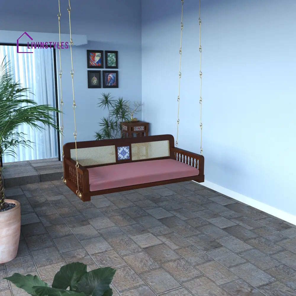 Ayla Classic Wooden Swing with Cane Backrest and Cushioned Seating – Indoor Jhula for Home Swing