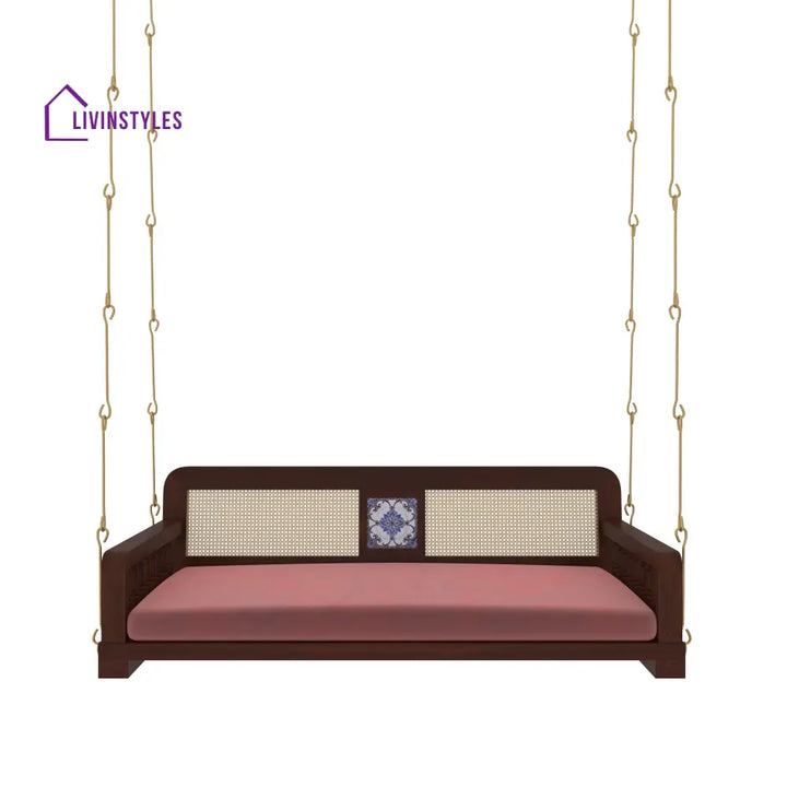 Ayla Classic Wooden Swing with Cane Backrest and Cushioned Seating – Indoor Jhula for Home Swing