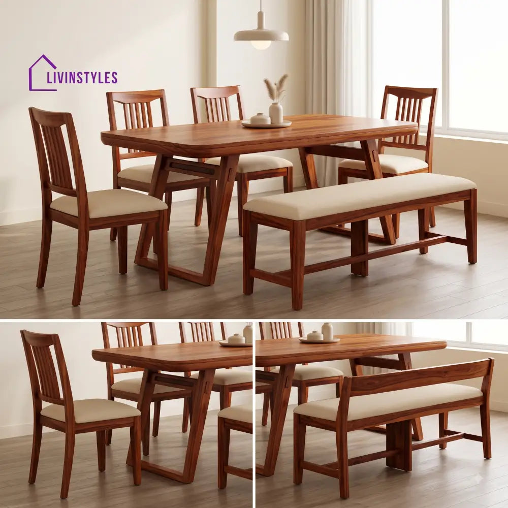 Ayomide Wooden 6 Seater Dining Table Set | 4 Chairs and 1 Bench | Table 72 X 36 X 30 Inch