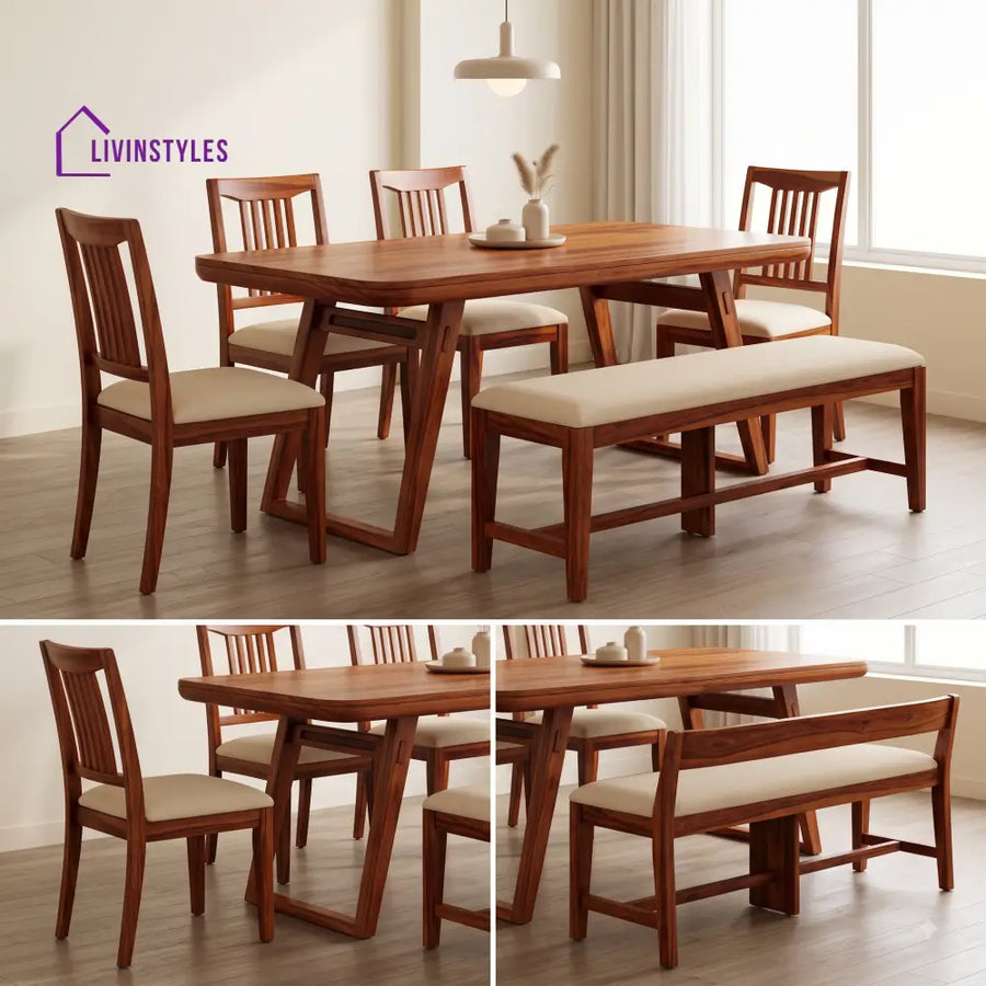 Ayomide Wooden 6 Seater Dining Table Set | 4 Chairs and 1 Bench | Table 72 X 36 X 30 Inch