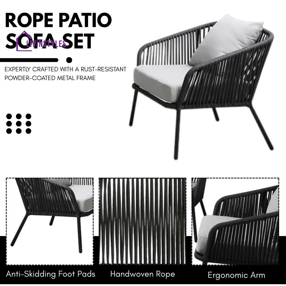 Azalea 4-Piece Outdoor Rope Patio Sofa Set (Black & Off-White) - Sofa Set