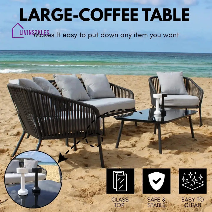 Azalea 4-Piece Outdoor Rope Patio Sofa Set (Black & Off-White) - Sofa Set
