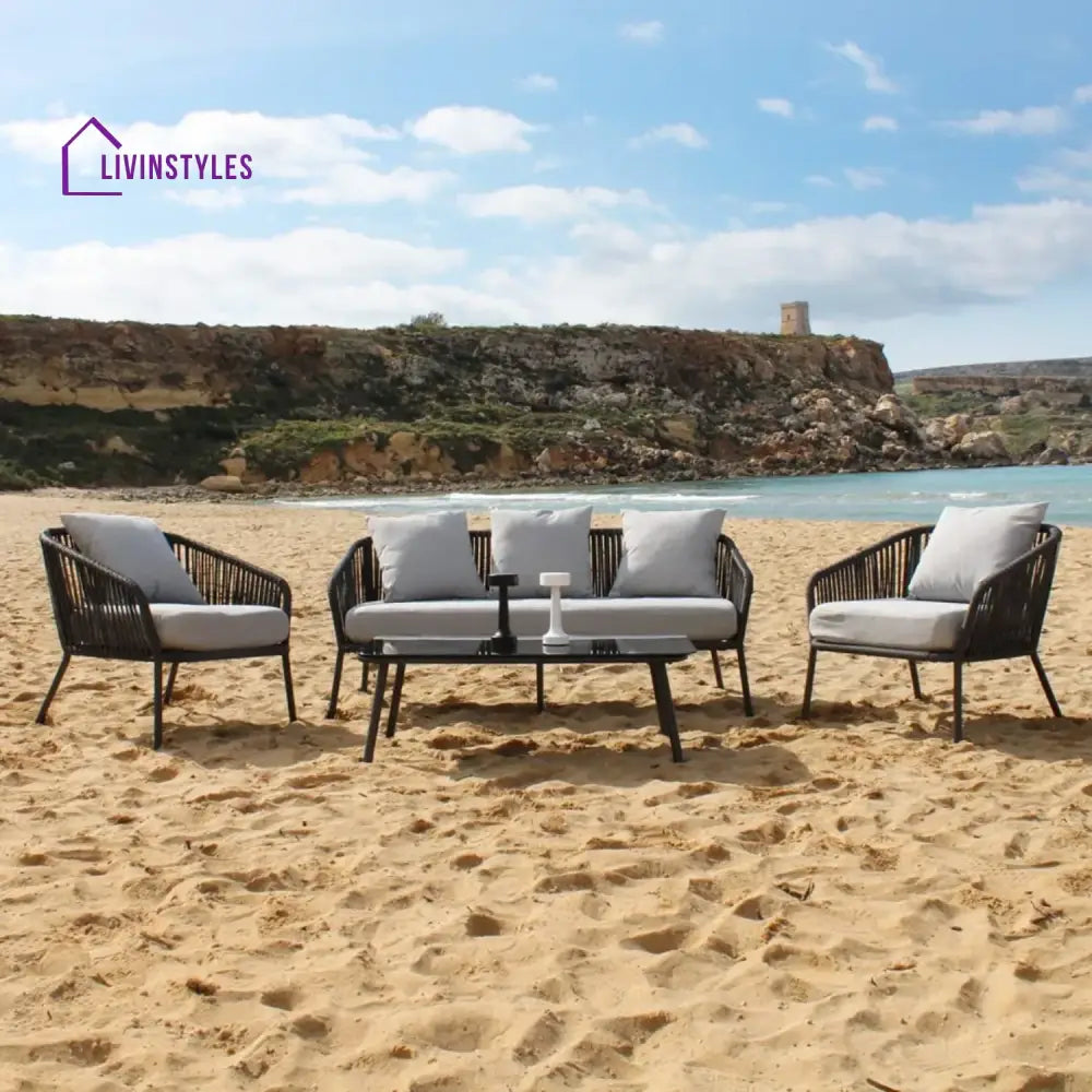 Azalea 4-Piece Outdoor Rope Patio Sofa Set (Black & Off-White) - Sofa Set