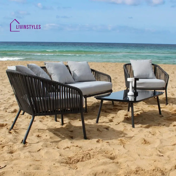 Azalea 4-Piece Outdoor Rope Patio Sofa Set (Black & Off-White) - Sofa Set