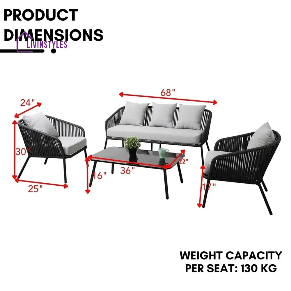 Azalea 4-Piece Outdoor Rope Patio Sofa Set (Black & Off-White) - Sofa Set