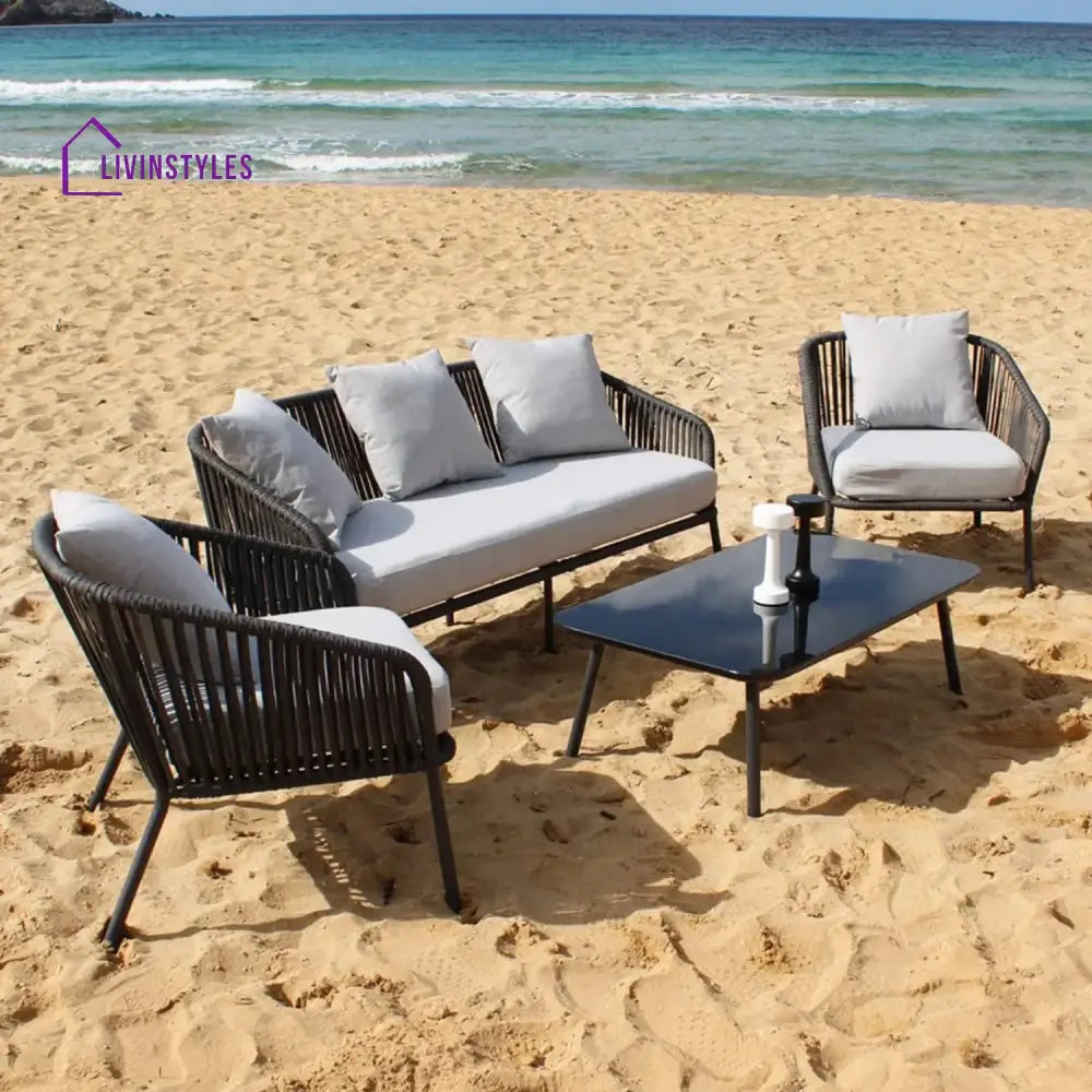 Azalea 4-Piece Outdoor Rope Patio Sofa Set (Black & Off-White) - Sofa Set