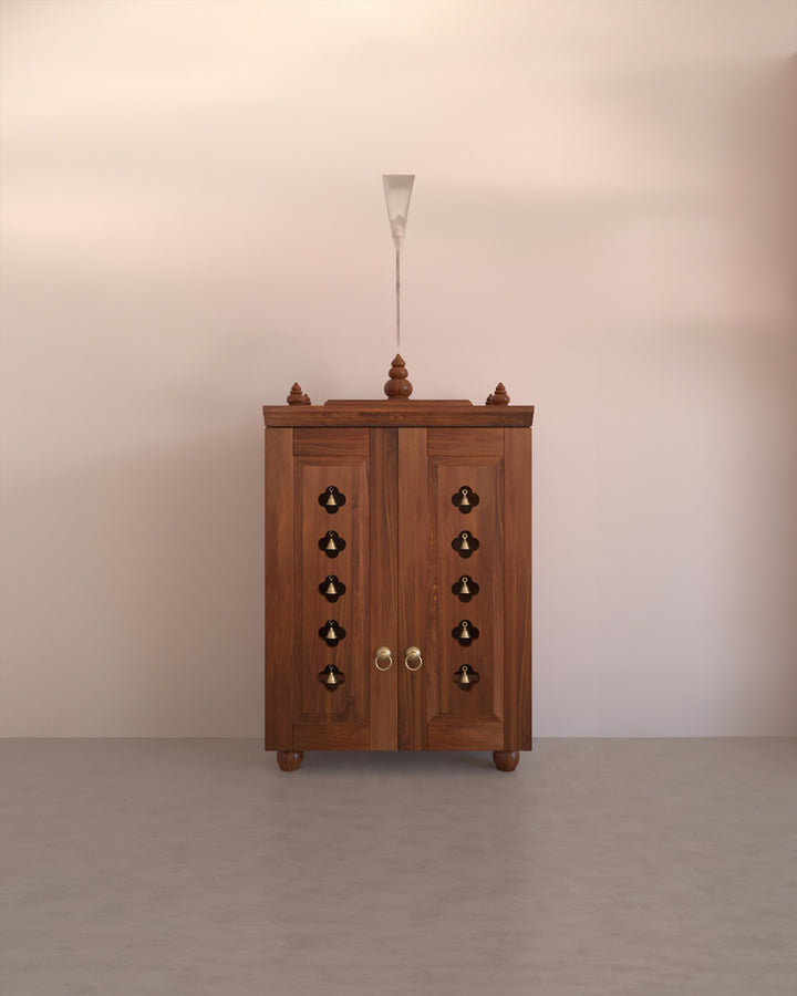 Natalia Medium Traditional Wooden Pooja Mandir with Doors, Bells & Lamps | Handcrafted Home Temple