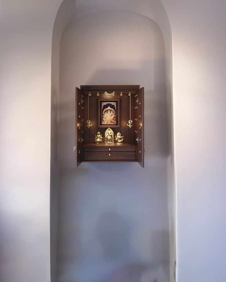 Elena - Traditional Pooja Mandir for Home with Doors, Brass Bells & Lamps | Handcrafted Wooden Home Temple