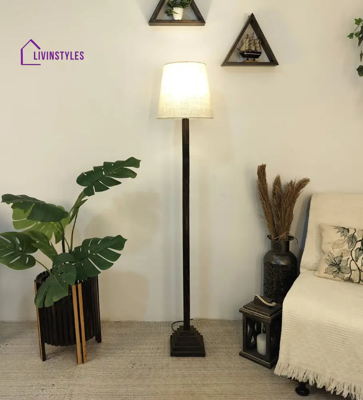 Babel Wooden Floor Lamp With Brown Base And Beige Fabric Lampshade Lamps